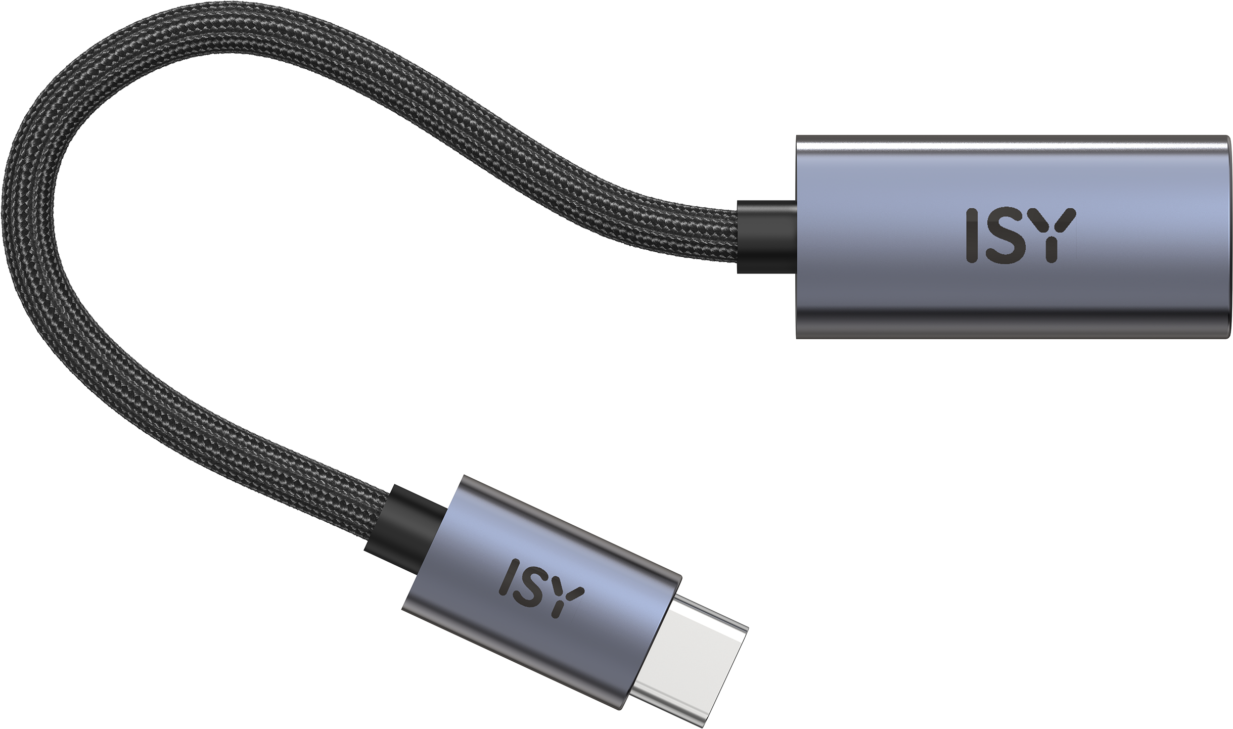 Ein USB-C-zu-USB-C-Adapterkabel in Grau und Schwarz.