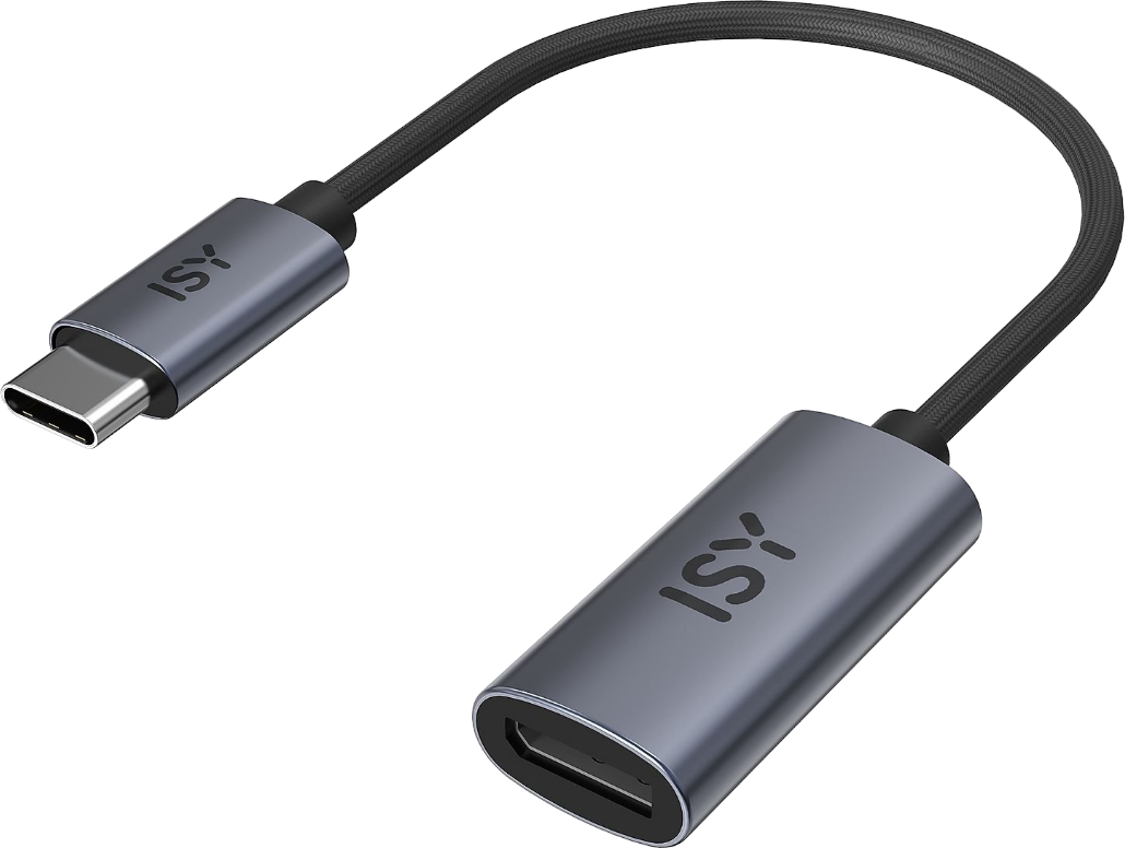 Graues ISY USB-C-zu-USB-A-Adapterkabel. Das Kabel hat ein schwarzes, geflochtenes Design.