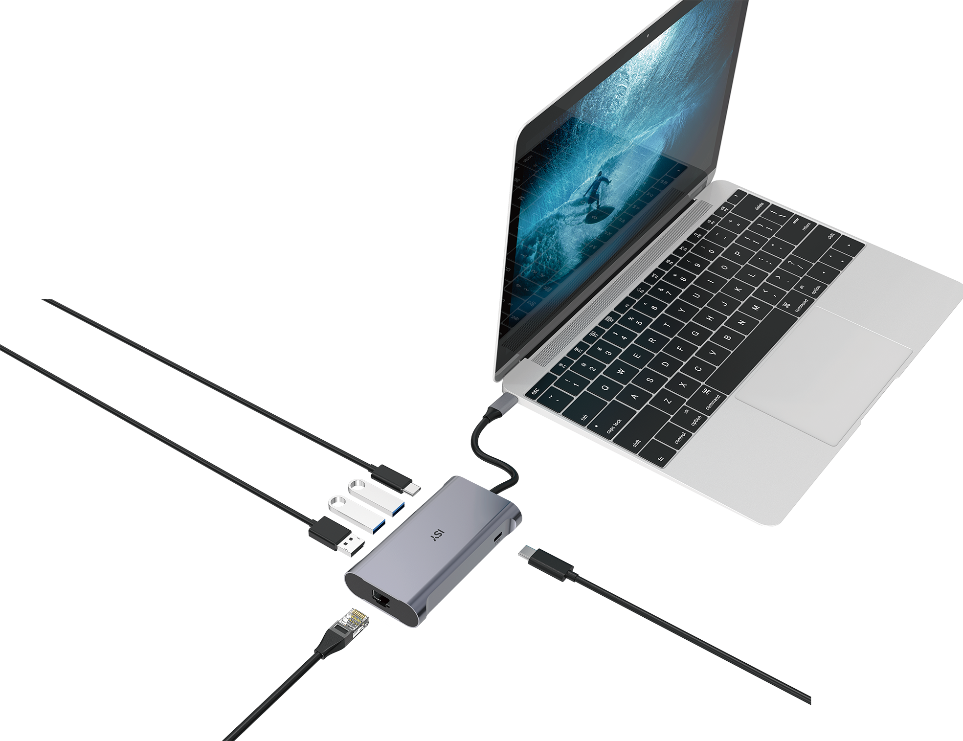 Laptop mit Hub mit mehreren Kabeln verbunden. Schwarzer Laptop und grauer Hub. Weißer Hintergrund.