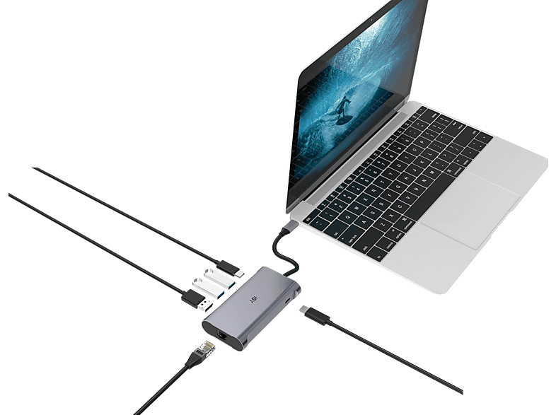 ISY IAD-1029 5-in-1 USB-C-Adapter mit 100W Power Delivery, USB 3.1 Gen1, Gb-LAN, DisplayProt 1.2, 4K60p, Aluminium, Grau — Foto 2 von 2