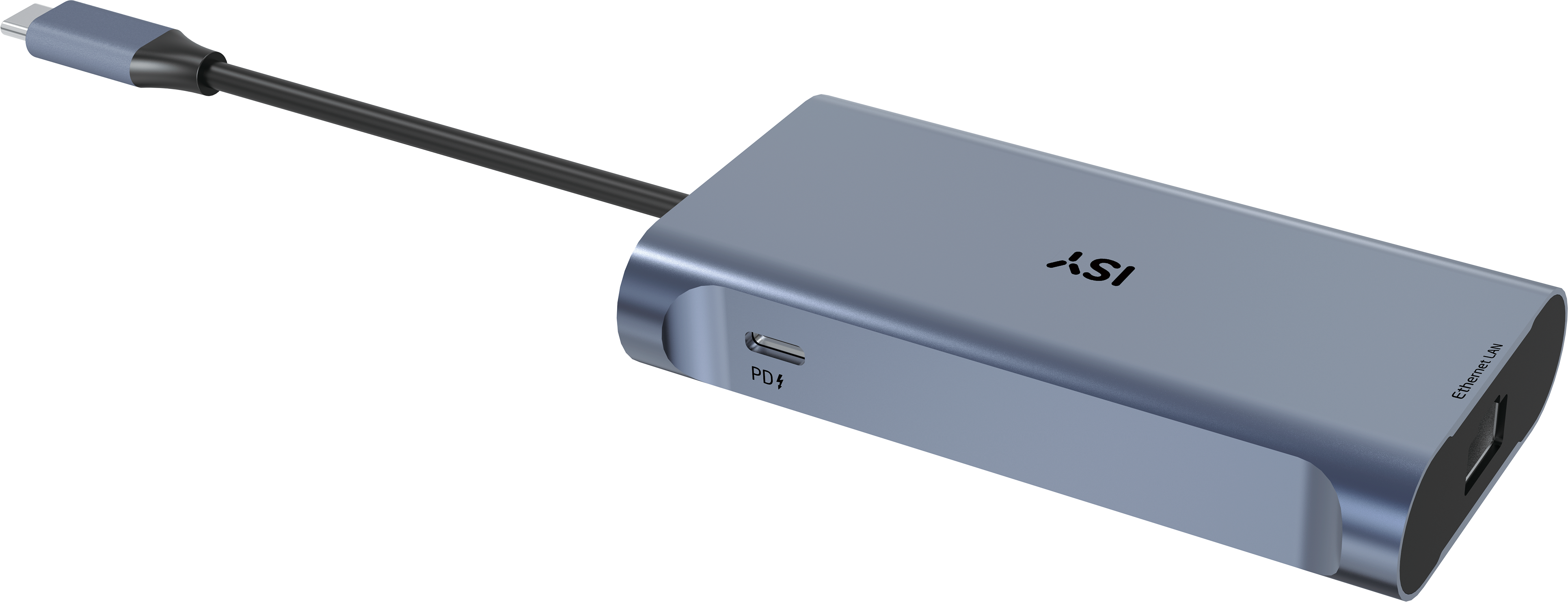 Ein silberner USB-C-Hub mit schwarzem Kabel, PD- und Ethernet-Anschlüssen, auf schwarzem Hintergrund.
