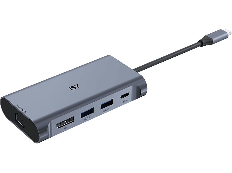 ISY IAD-1029 5-in-1 USB-C-Adapter mit 100W Power Delivery, USB 3.1 Gen1, Gb-LAN, DisplayProt 1.2, 4K60p, Aluminium, Grau