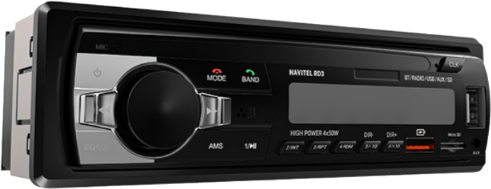 Fekete autórádió gombokkal, kijelzővel és USB/SD-nyílásokkal. 'NAVITEL RD3'.