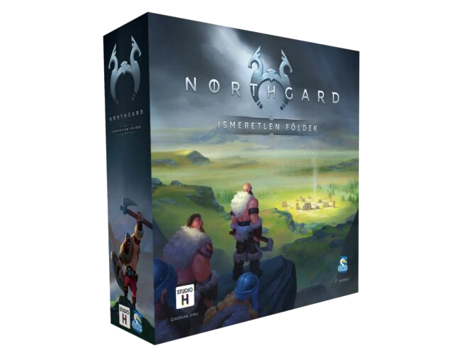 Northgard játékdoboz. A dobozművészet egy tájat mutat vikingekkel és egy faluval.