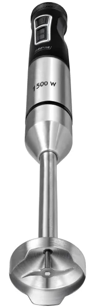 Blender ręczny, metalowy korpus i ostrze. Czarne akcenty. Białe tło.