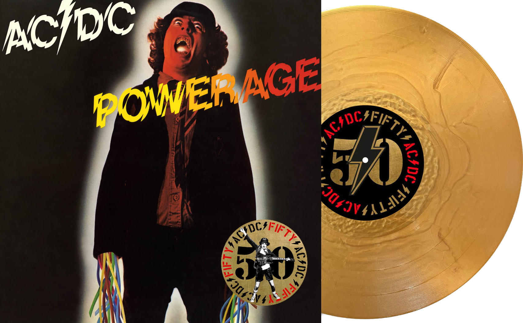 AC/DC Powerage Albumcover, ein schreiender Mann mit farbigen Drähten.
