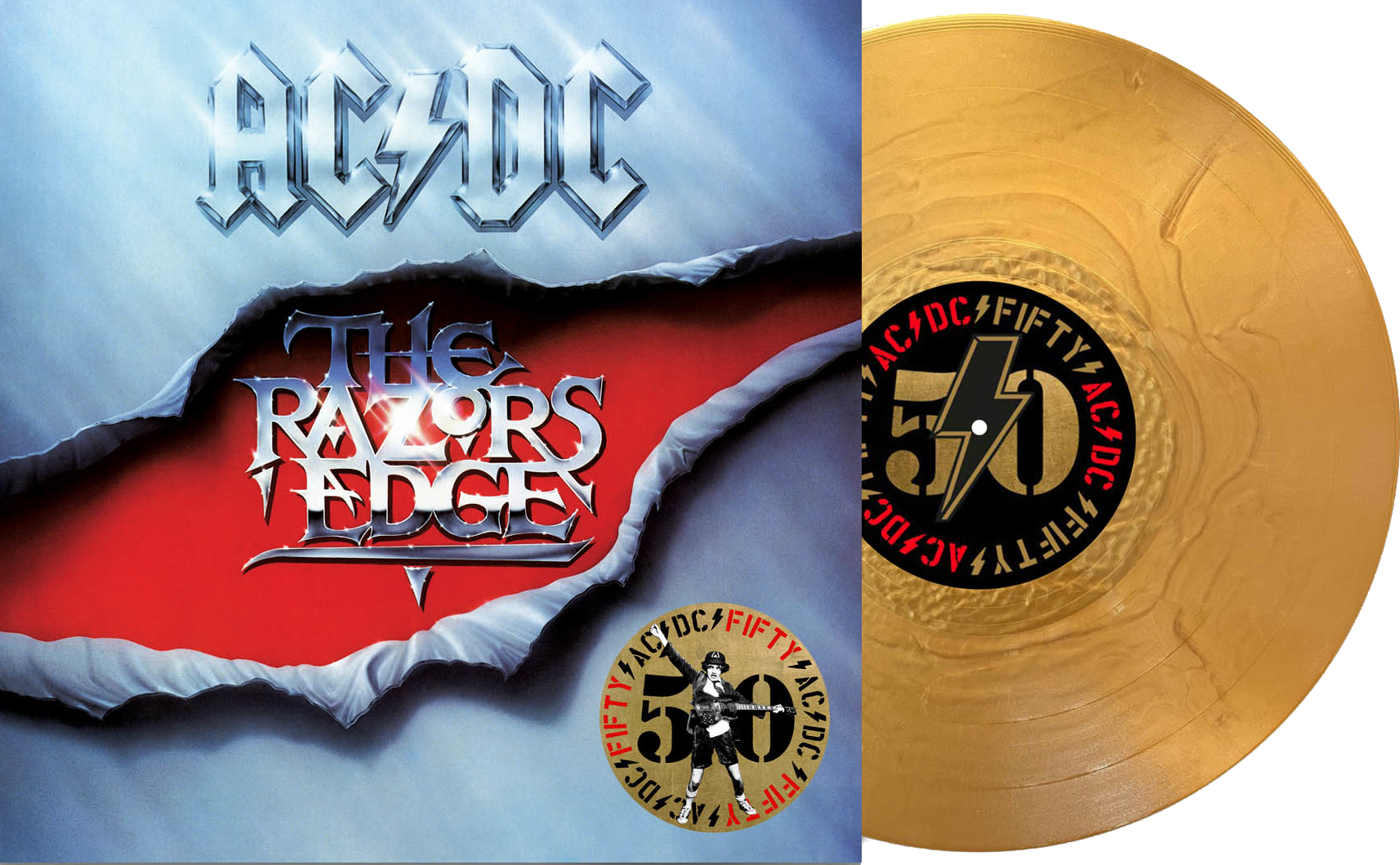 AC/DC The Razors Edge Albumcover mit zerrissenem Papier, rotem Hintergrund und Vinyl.