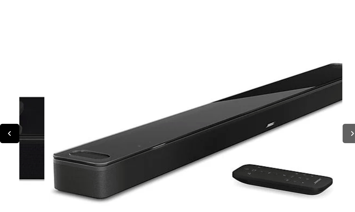 Schwarze Soundbar mit Fernbedienung und Seitenansicht der Soundbar.