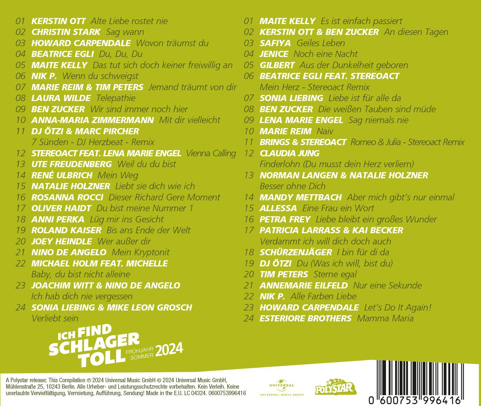 CD-Cover mit Titelliste und Credits auf Deutsch. Verfügt über ein grünes, gelbes und weißes Farbschema.