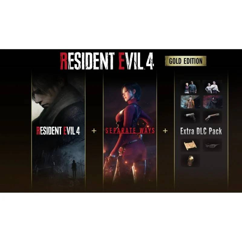Portada del juego Resident Evil 4 Gold Edition con personajes y DLC.