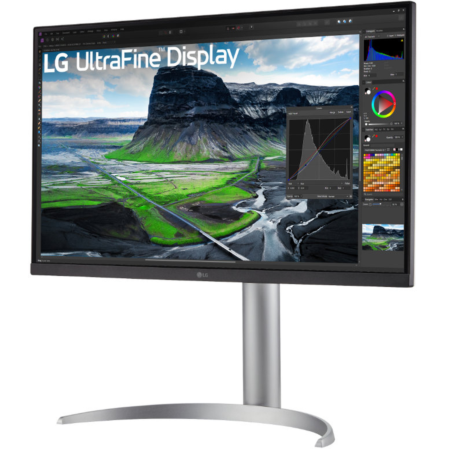 An LG UltraFine display shows a landscape with mountains and a river. The screen displays editing software with color and histogram tools.
