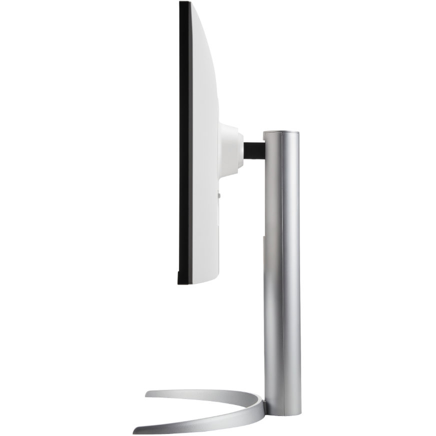 Side view of a computer monitor. It has a white screen, black borders, and a silver stand with a curved base.
