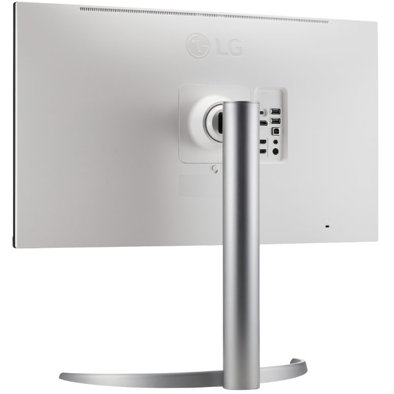 The back of a white LG monitor with a silver stand. Ports are visible. The LG logo is at the top. The stand is curved.