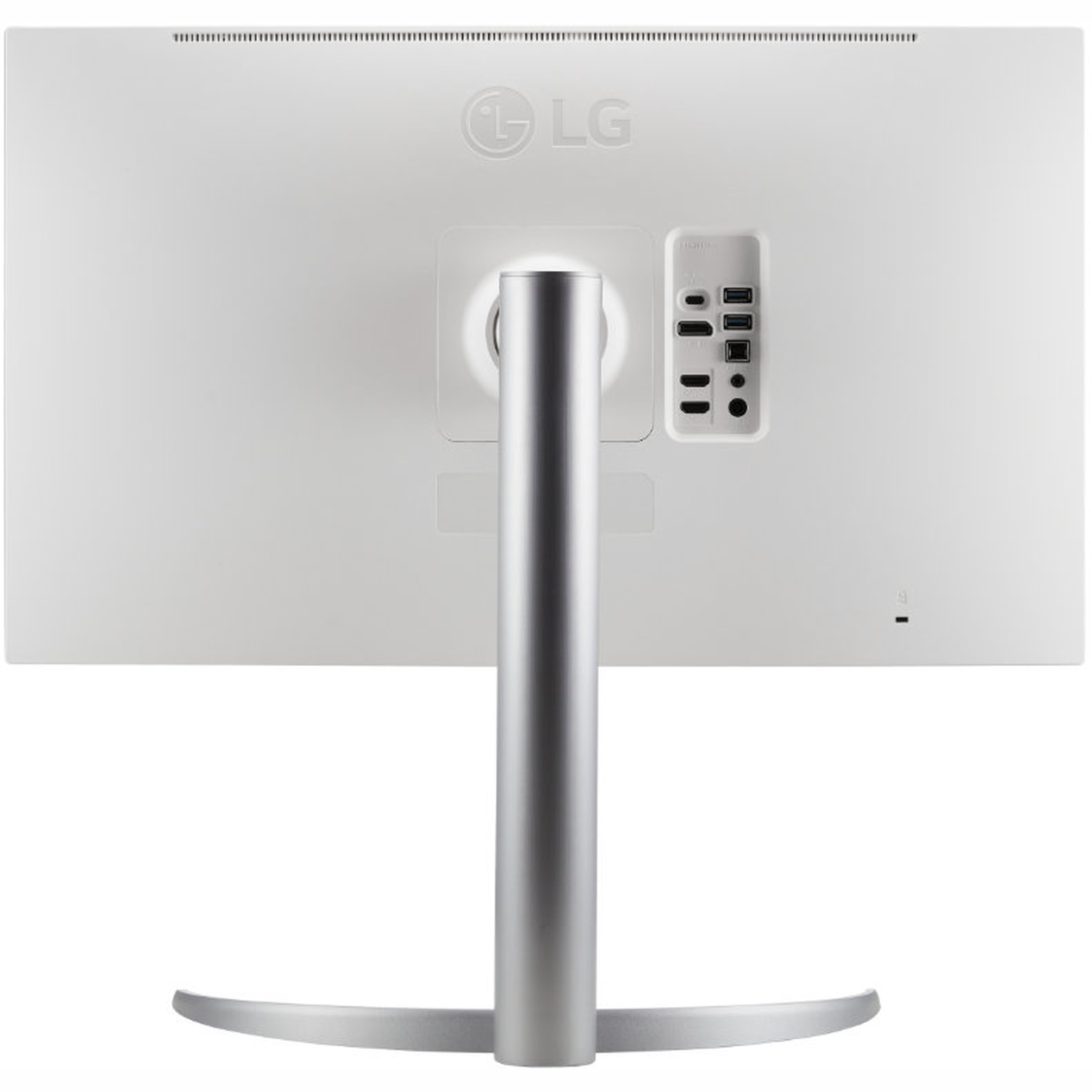 The back of a white LG monitor. It has a stand and ports for connections. The LG logo is at the top.