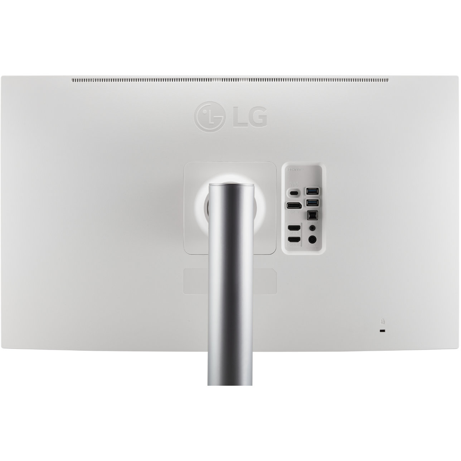 The back of a white LG monitor. It has a stand, ports, and the LG logo.