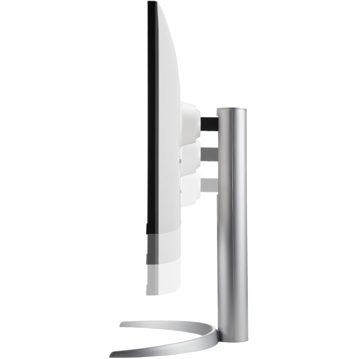 Side view of a computer monitor. White screen with black border, silver stand.