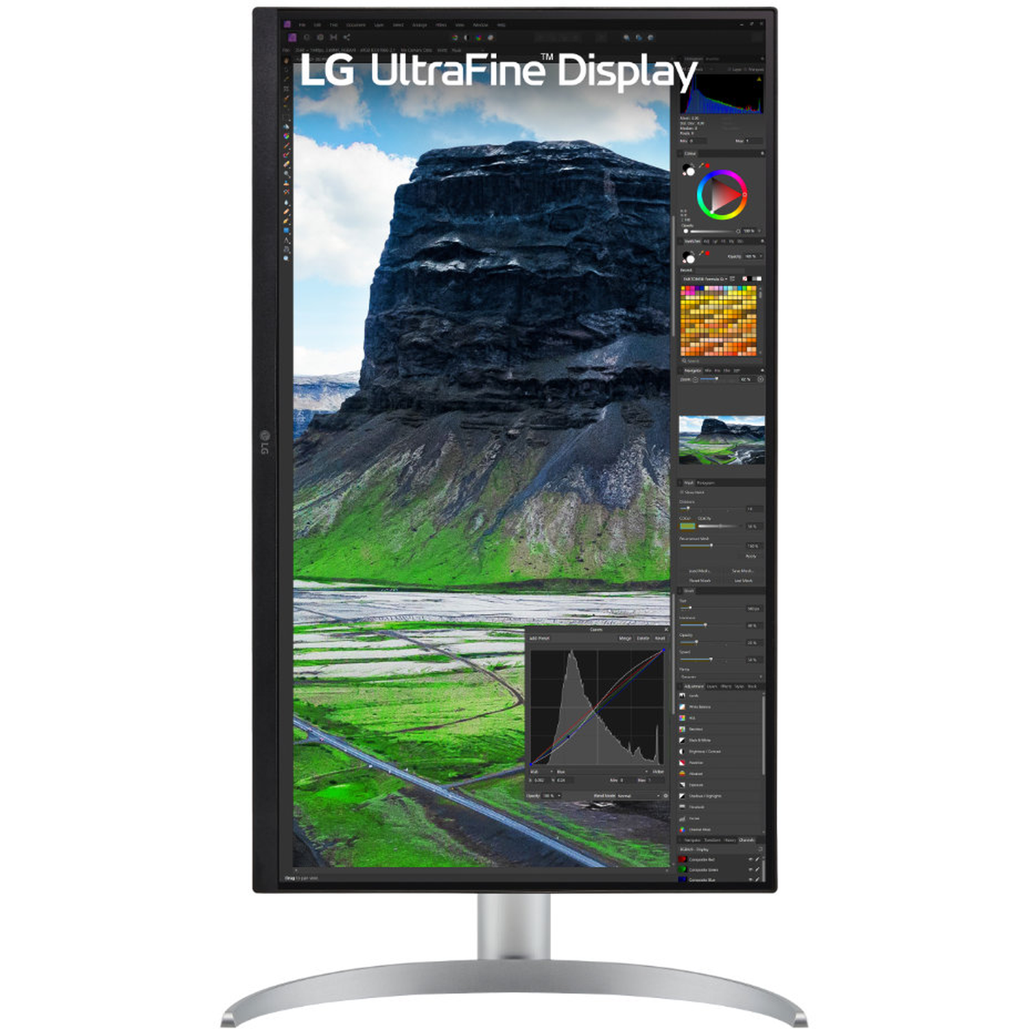 LG UltraFine display showing a landscape photo. The monitor has a silver stand. Software interface is on the right.