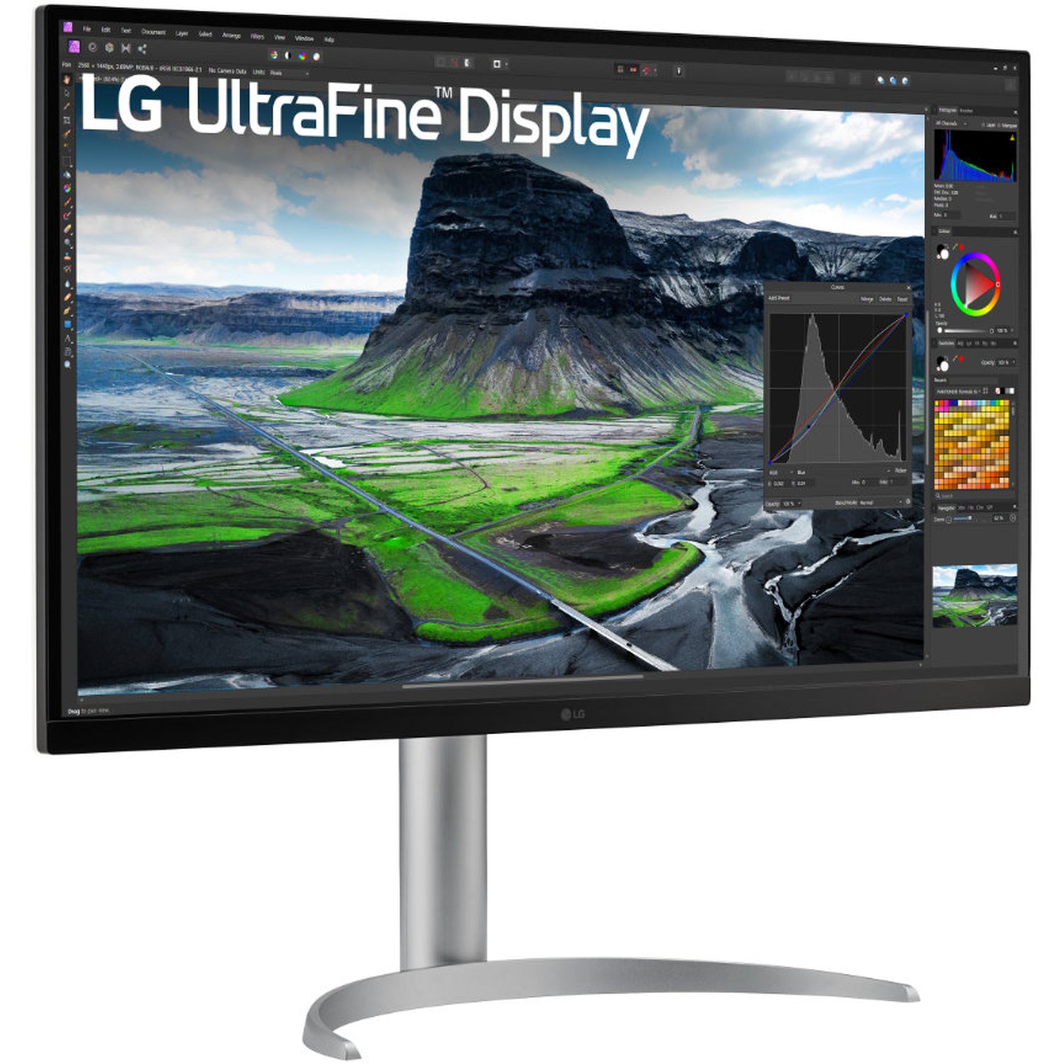 LG Ultrafine display showing a landscape with mountains and a river. Software interface on the right. Silver stand.