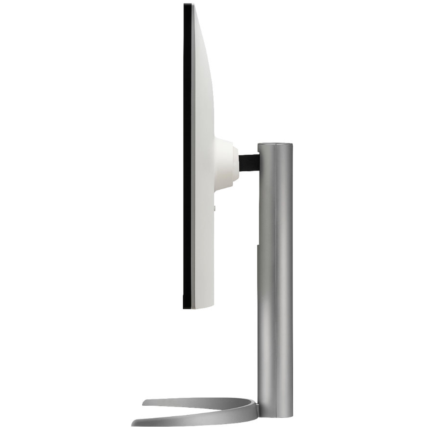 Side view of a computer monitor. It has a white screen, black borders, and a silver stand. The stand is round at the bottom.