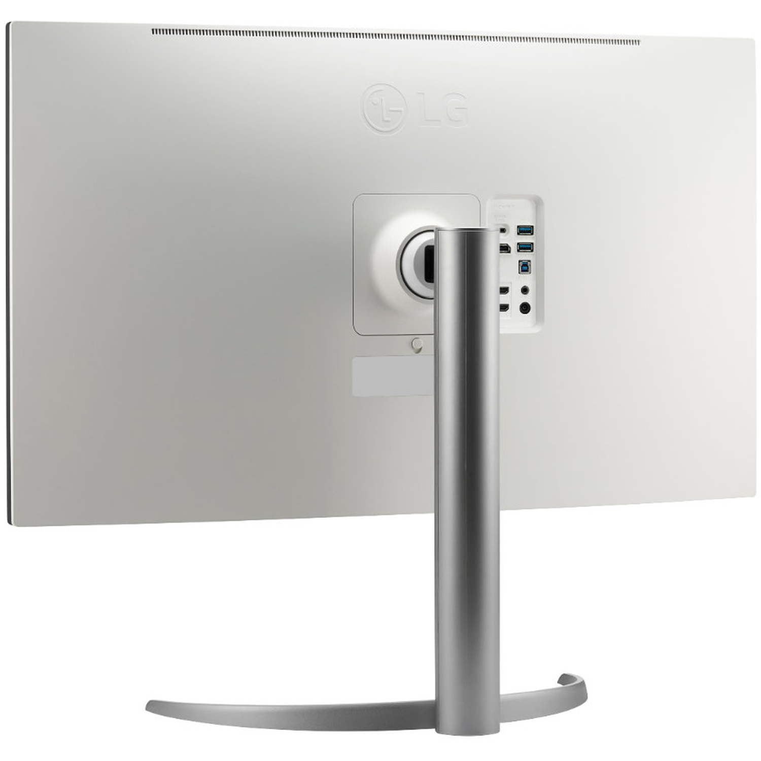 The back of a white LG monitor. It has a silver stand and a variety of ports. The LG logo is at the top.