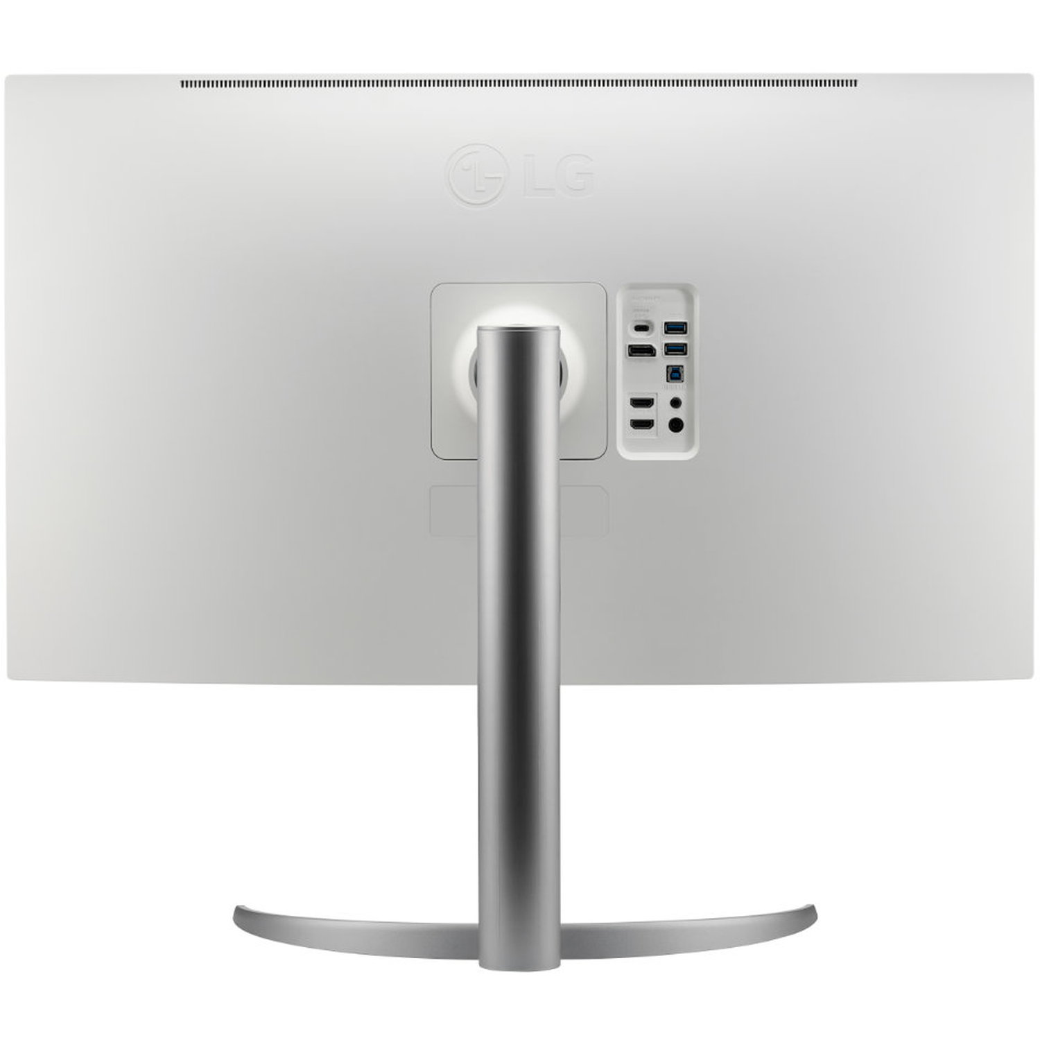 The back of a white LG monitor with a silver stand. It has ports, the LG logo, and a series of ventilation slots.