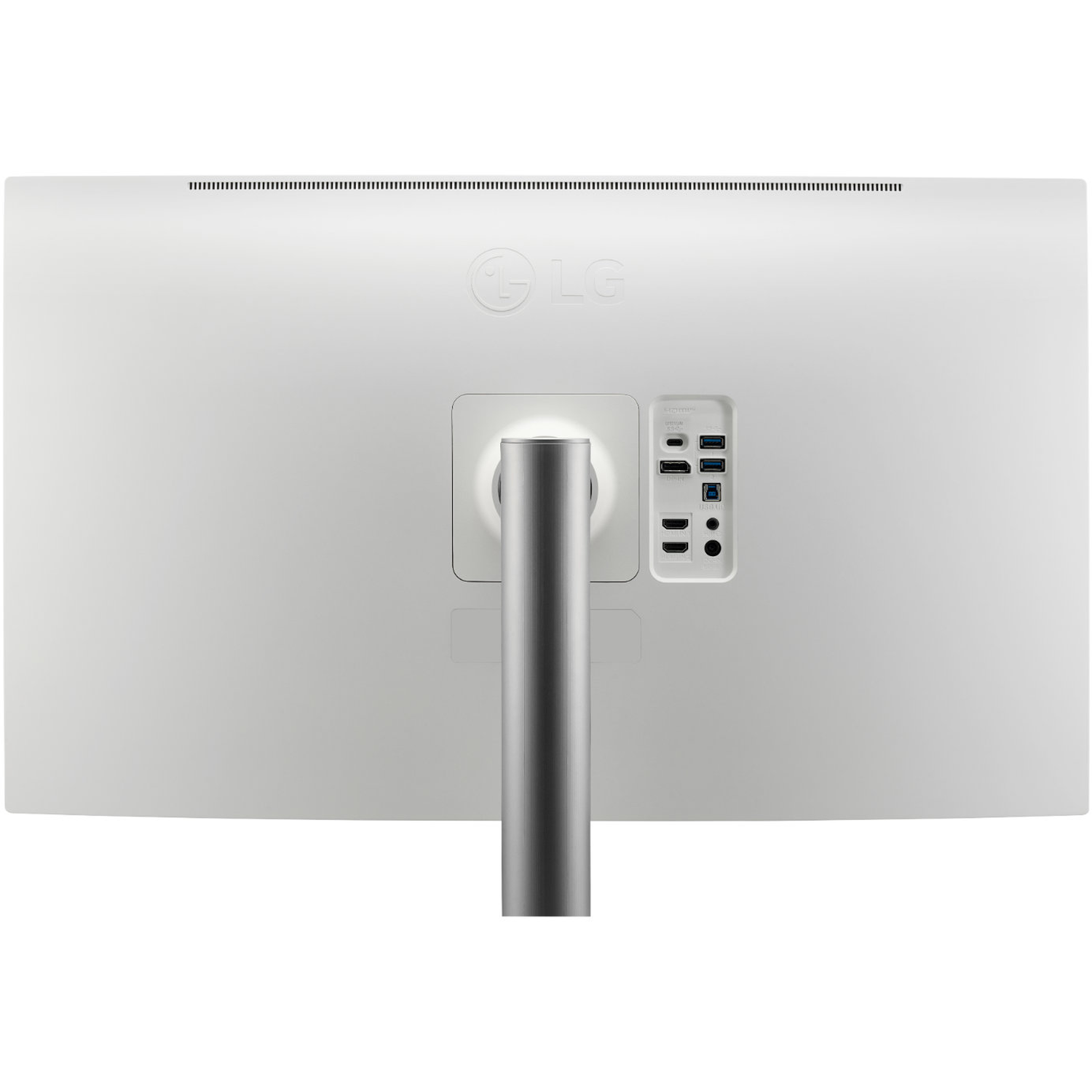The back of a white LG monitor. It has a stand, ports, and the LG logo. The top has small vents.