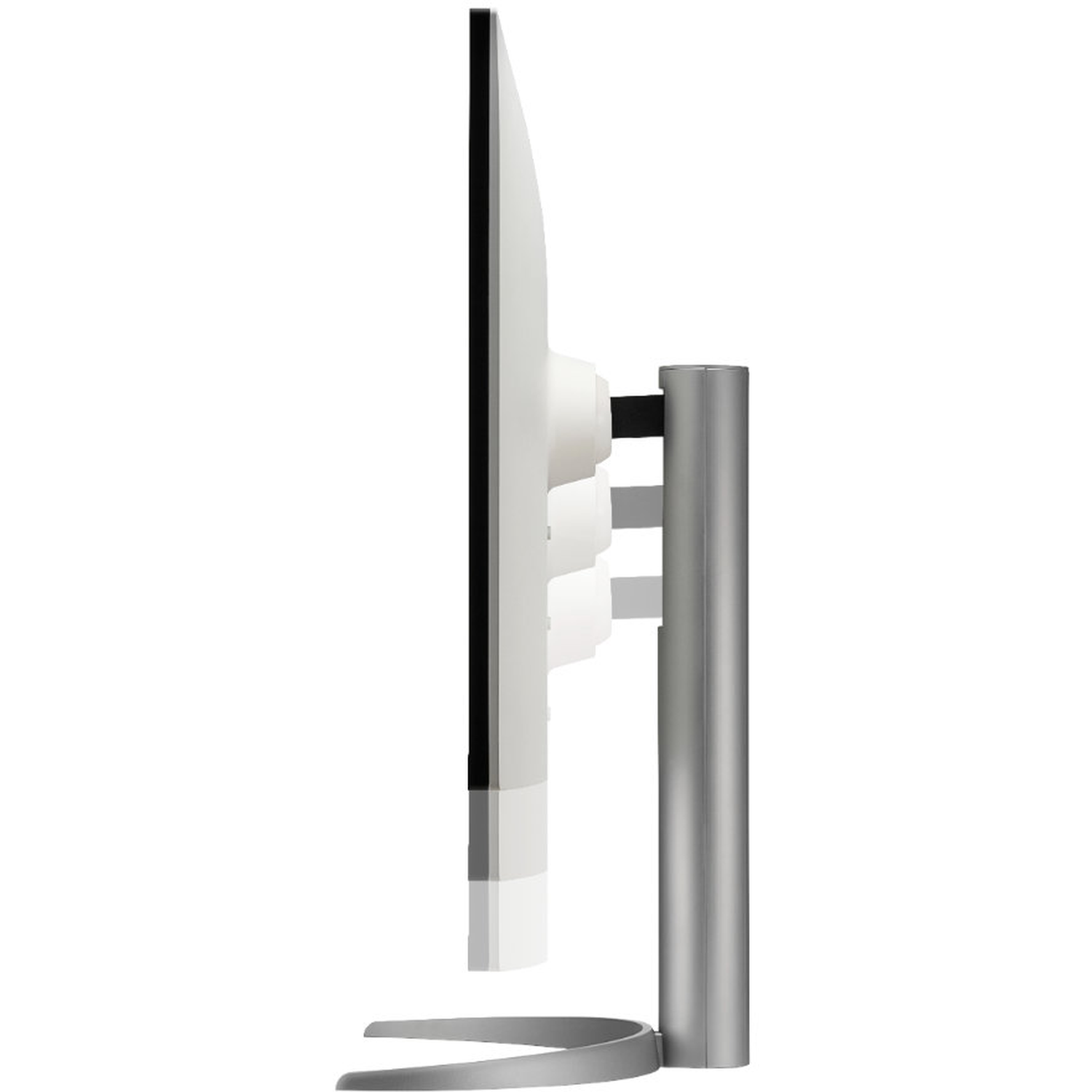 Side view of a modern computer monitor. It has a slim, white screen with a black border, supported by a silver stand.