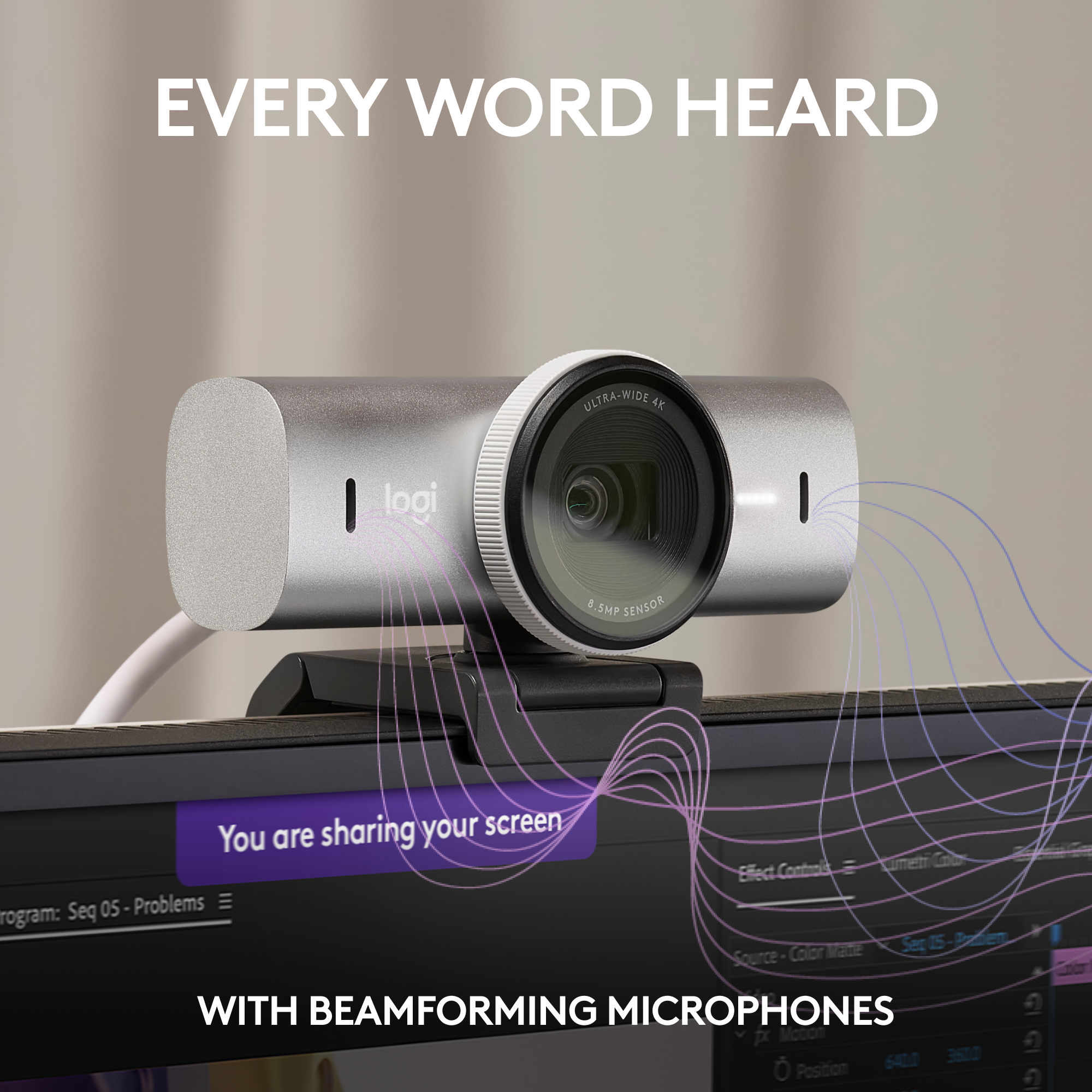 Webcam argentata con microfoni, l'interfaccia di condivisione dello schermo è in mostra.