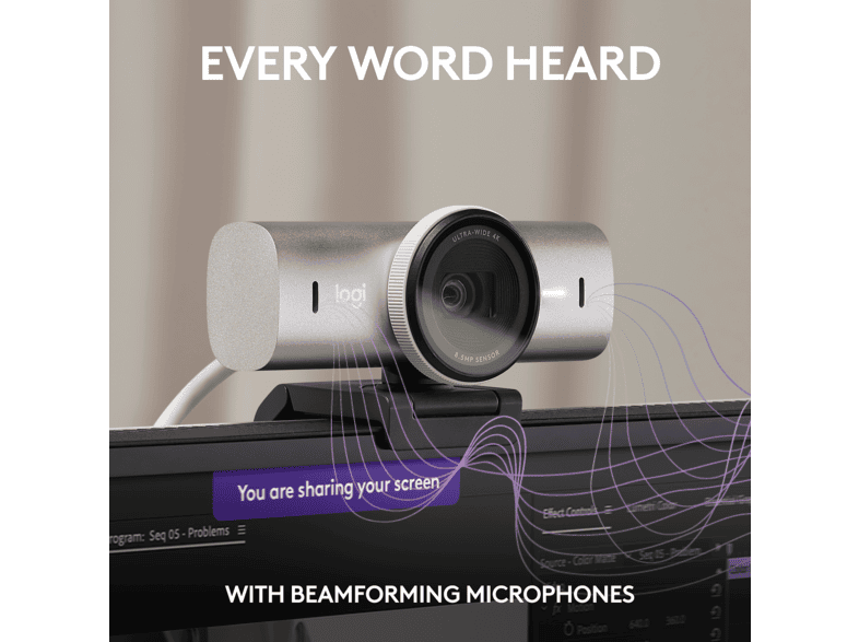 LOGITECH MX Brio 4K Ultra-HD-Webcam für Videokonferenzen und Streaming, USB, Hellgrau — Foto 3 von 5