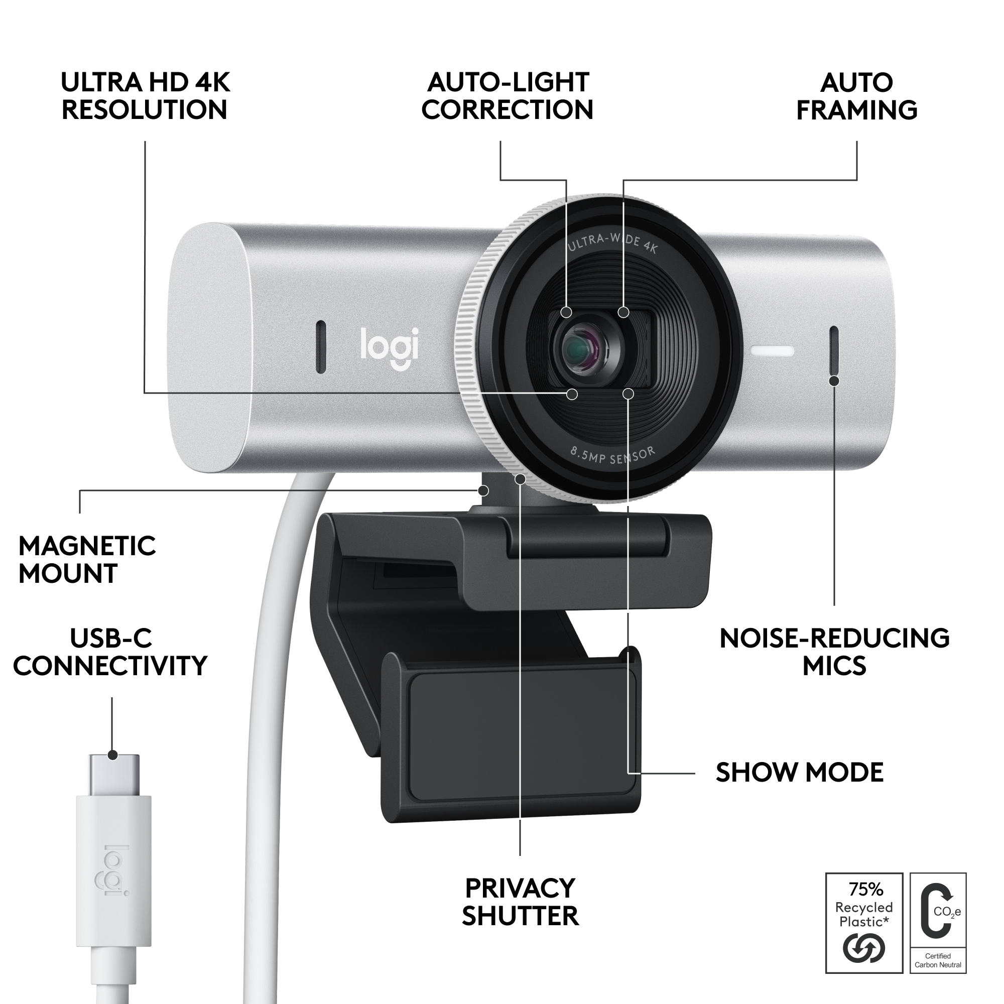 Una webcam argentata con funzioni come Ultra HD 4K, correzione automatica della luce e otturatore per la privacy.