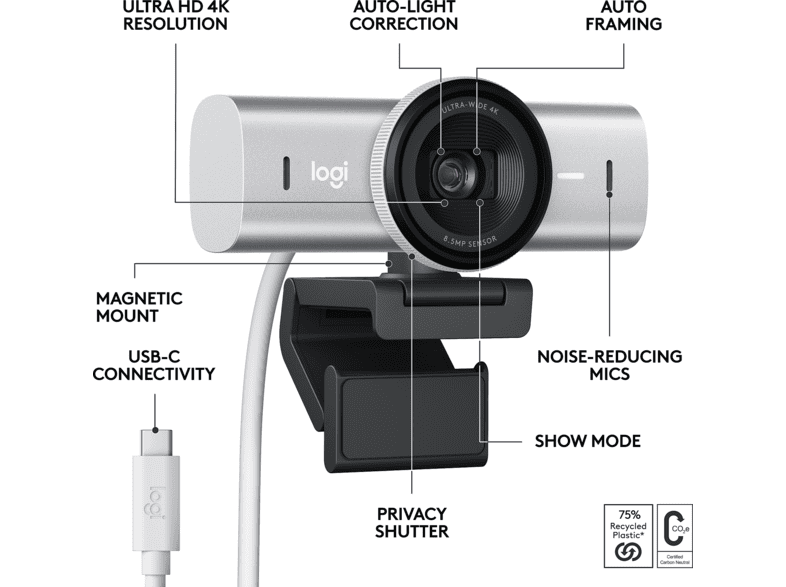 LOGITECH MX Brio 4K Ultra-HD-Webcam für Videokonferenzen und Streaming, USB, Hellgrau — Foto 5 von 5