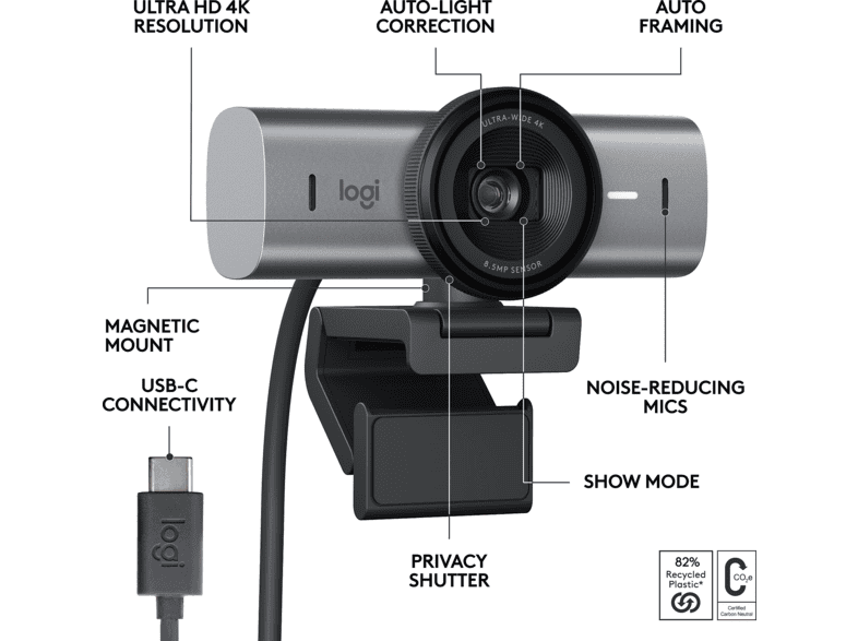 LOGITECH MX Brio 4K Ultra-HD-Webcam für Videokonferenzen und Streaming, USB, Grafit — Foto 5 von 5