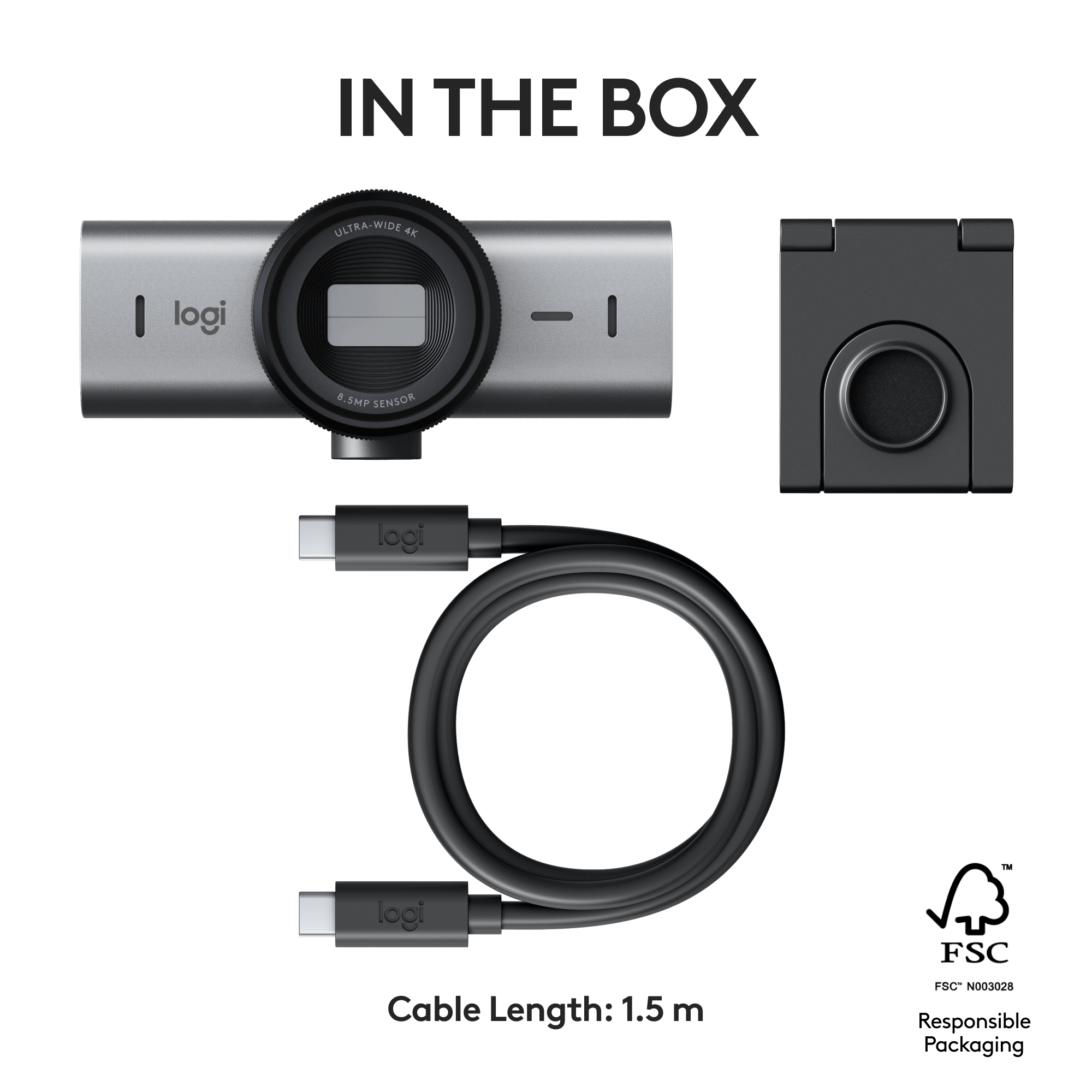 Kit webcam Logitech. Webcam argentata, cavo nero e supporto nero. Testo: 'In the Box'.