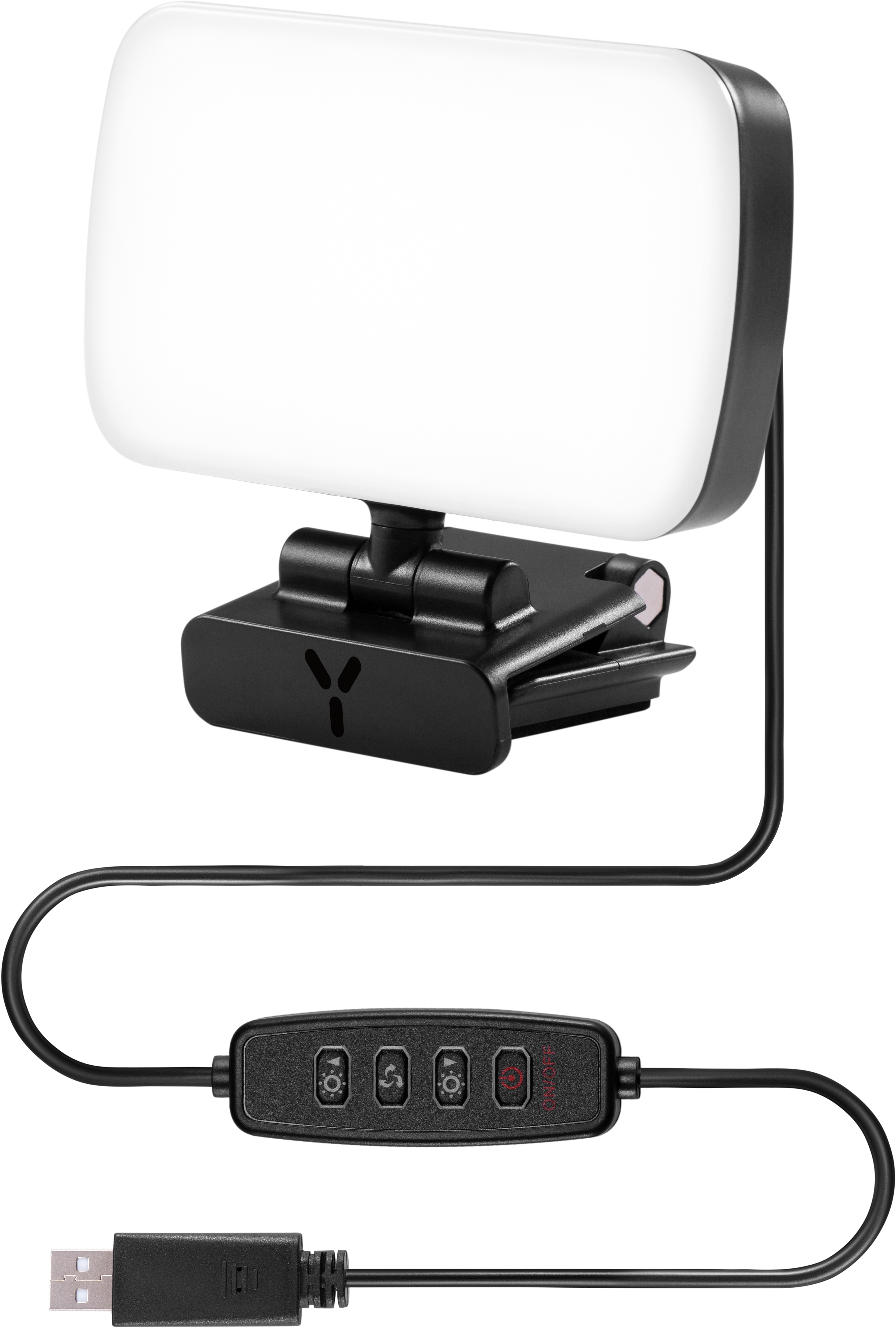 Ein kleines schwarzes Videolicht mit USB-Kabel und Steuertasten.