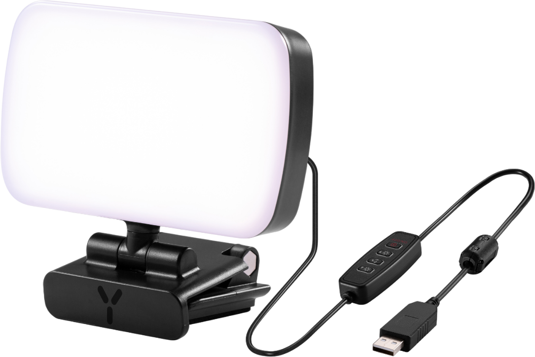 Weißes und schwarzes LED-Licht für Videoaufnahmen mit USB-Kabel und Clip. Das Licht ist rechteckig.