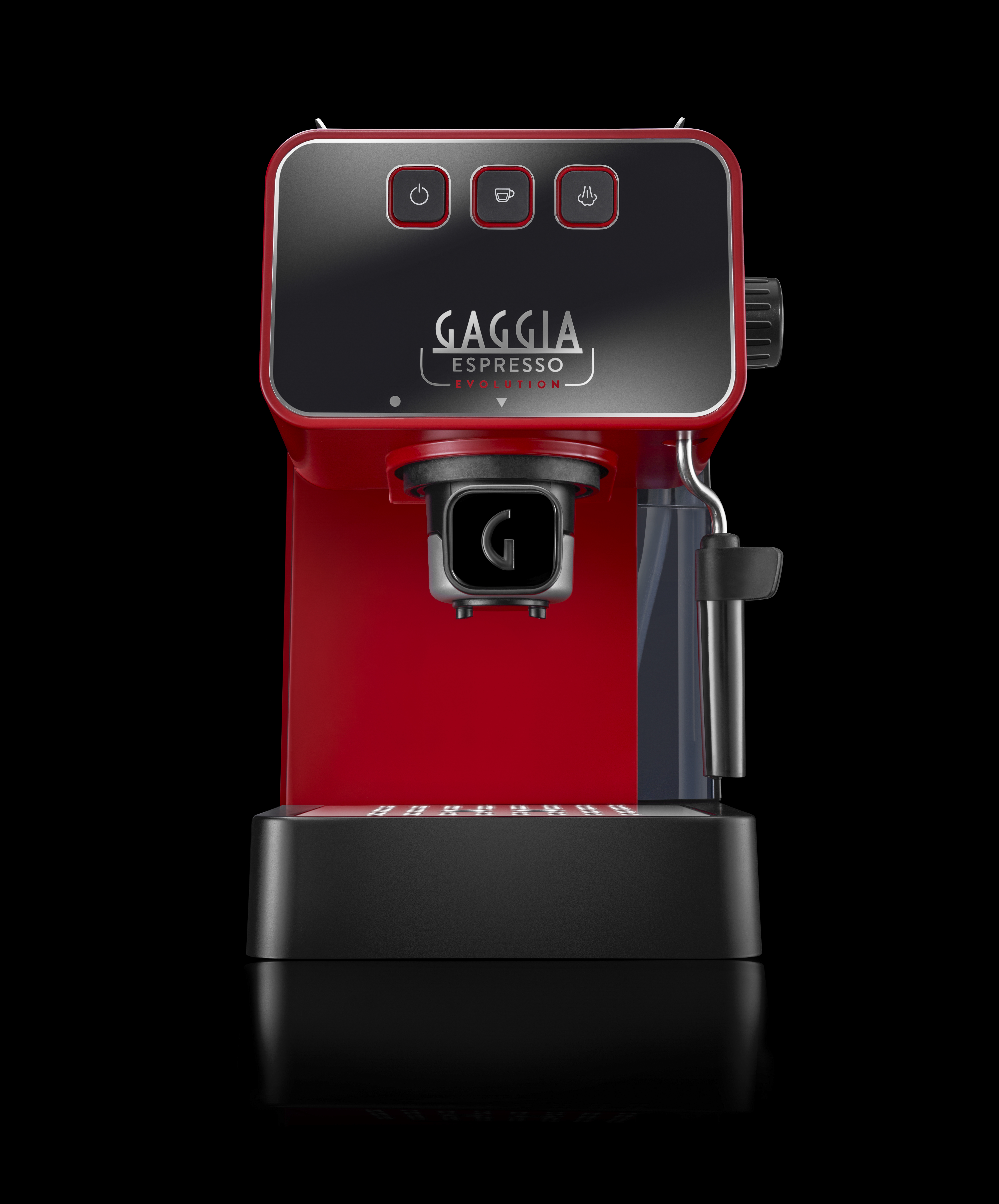 Rote Gaggia Espresso Evolution Kaffeemaschine. Schwarzer Deckel mit Knöpfen. Schwarzer Hintergrund.