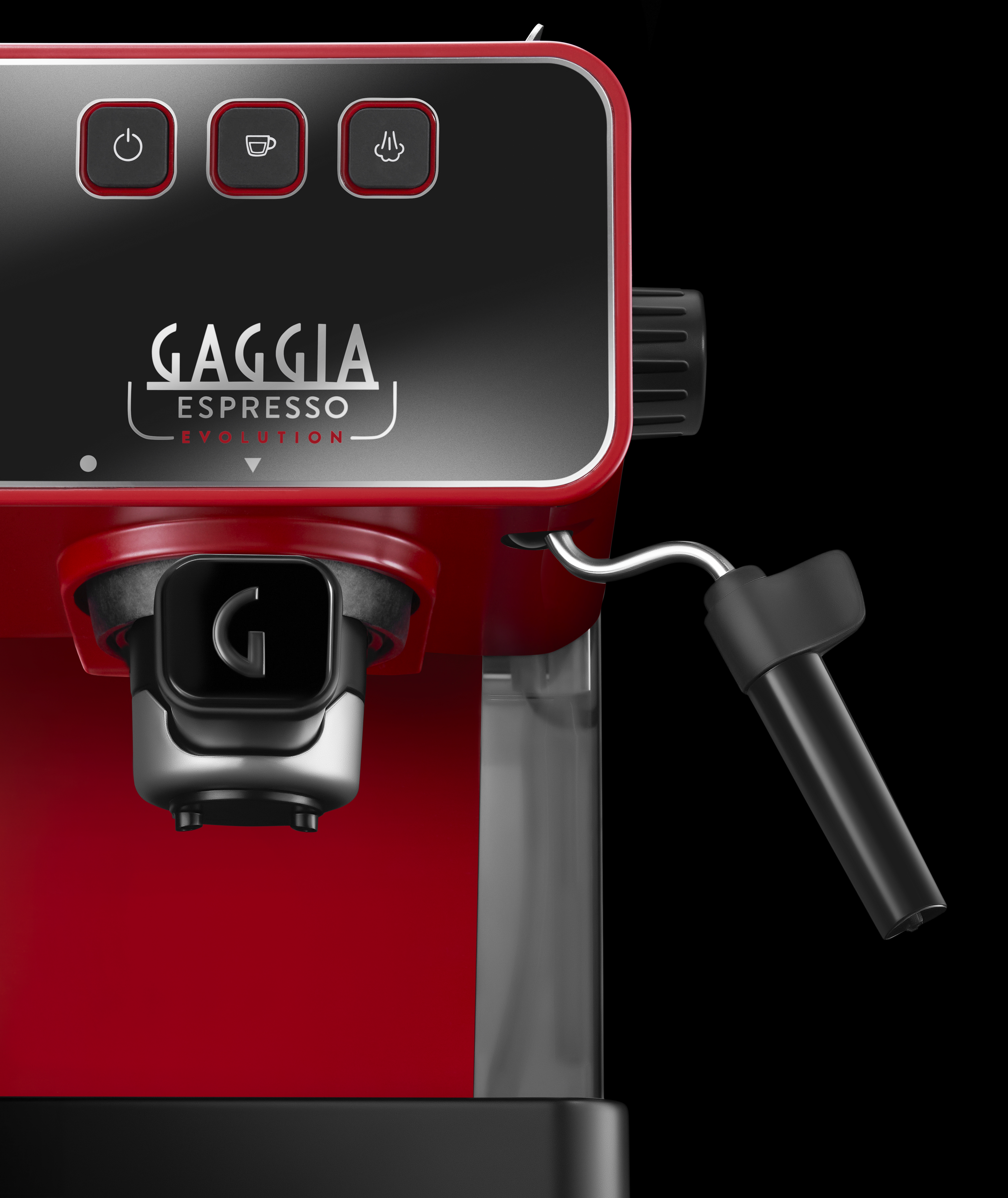 Eine rote Espressomaschine mit schwarzen Akzenten. Das Gaggia-Logo ist sichtbar. Sie hat eine Dampflanze.