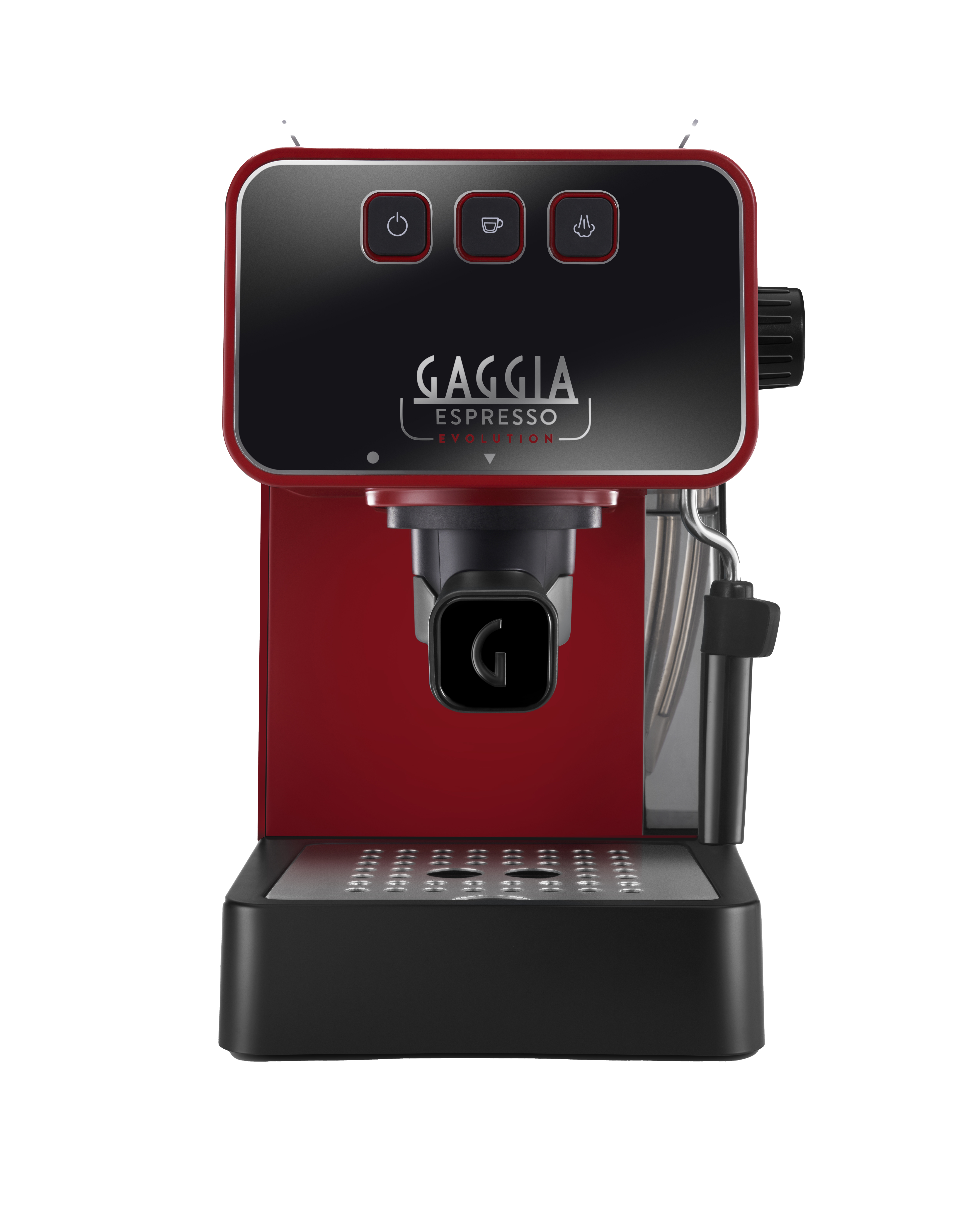 Rote Gaggia Espressomaschine, Vorderansicht auf Weiß.
