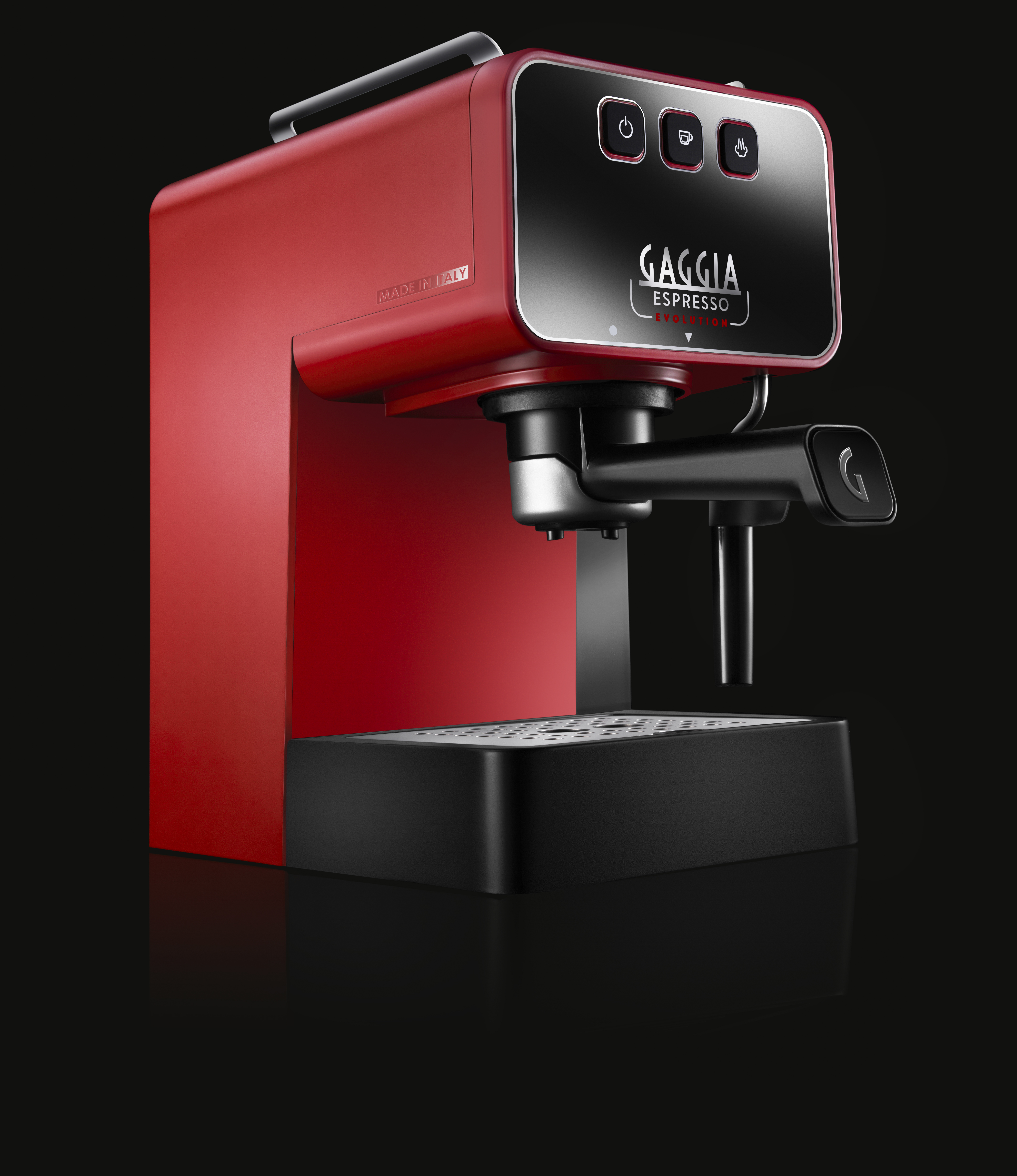 Eine rote Gaggia Espressomaschine auf schwarzem Untergrund. Es hat eine schwarze Frontplatte mit Knöpfen.