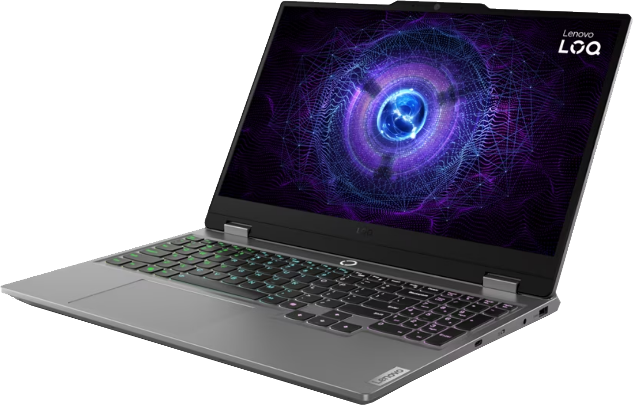 Lenovo LOQ laptop digitális grafikát mutató képernyővel. A billentyűzet világít.