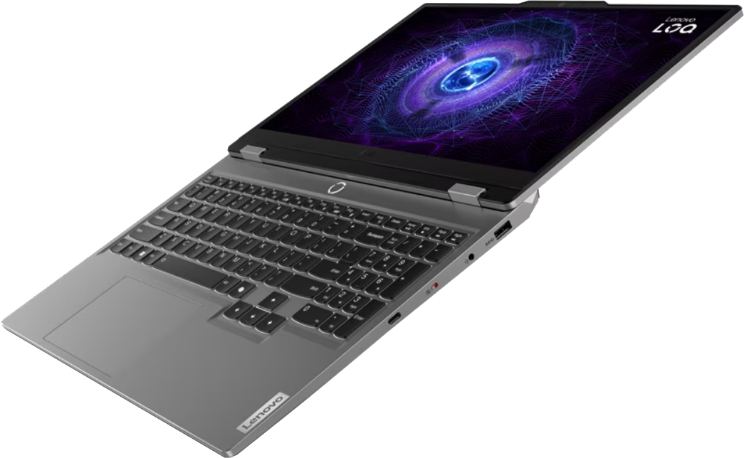 Szürke Lenovo laptop, nyitott képernyővel. A kijelző kék-lila grafikát mutat.