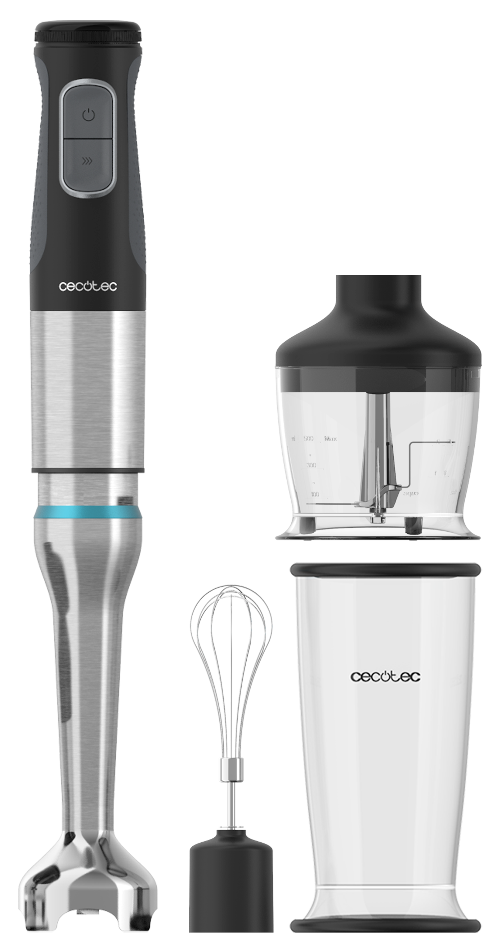 Una batidora de mano eléctrica Cecotec con múltiples accesorios. Tiene un mango negro con cuerpo plateado y otros accesorios.