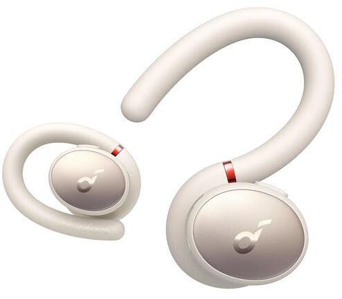 Białe bezprzewodowe słuchawki douszne z zaczepami na uszy, marki Anker.