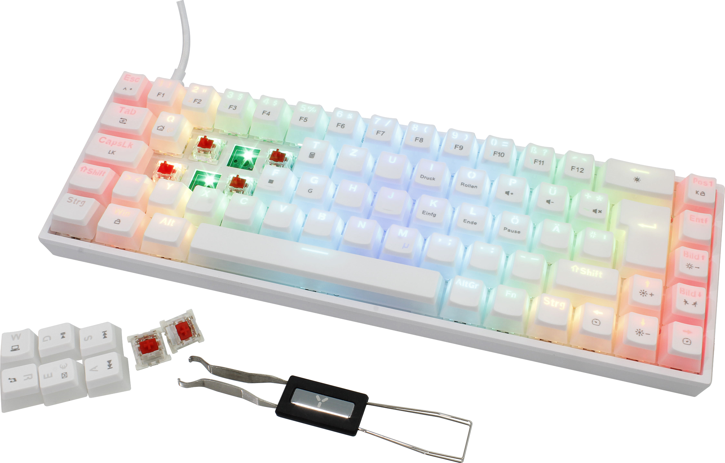 Eine weiße mechanische Tastatur mit roten Schaltern und Tastenkappen.