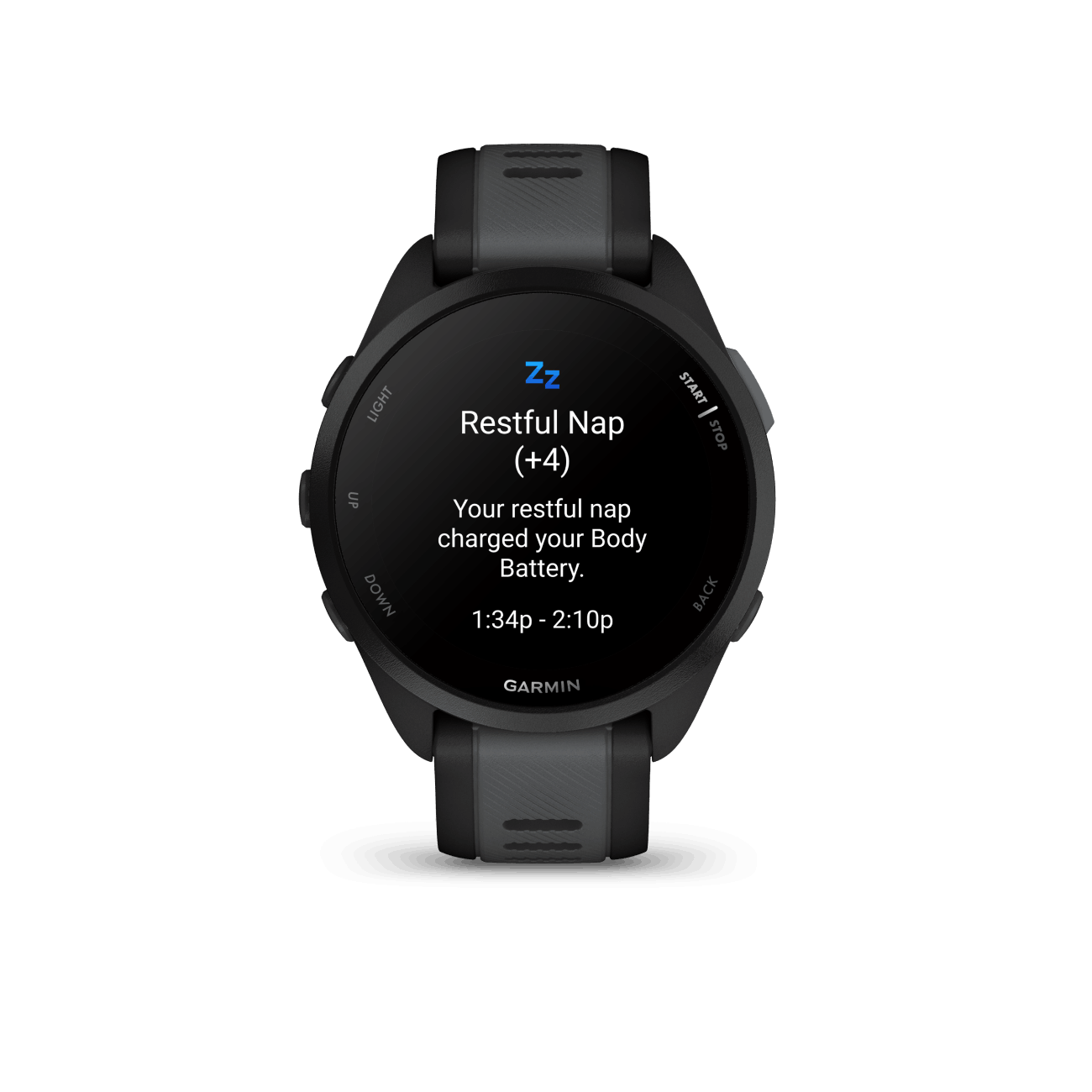 Smartwatch Garmin negra mostrando notificación de siesta reparadora y hora.