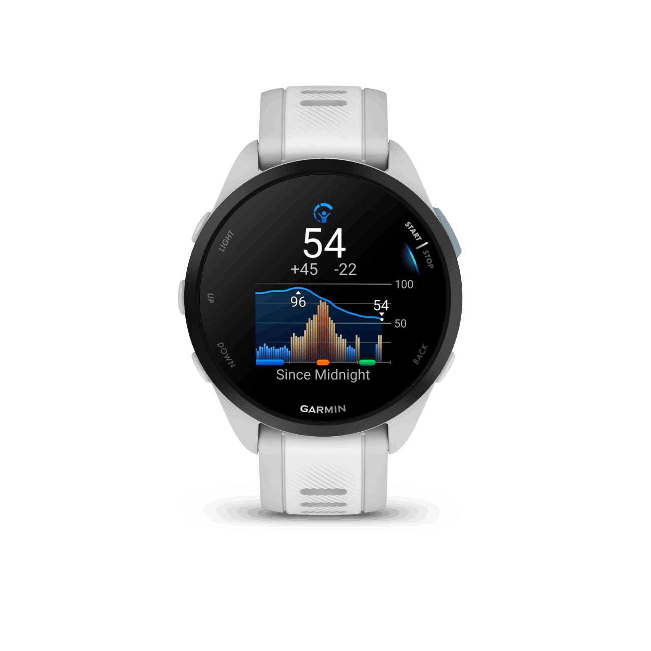 Reloj Garmin blanco mostrando datos, con esfera negra y fondo oscuro.