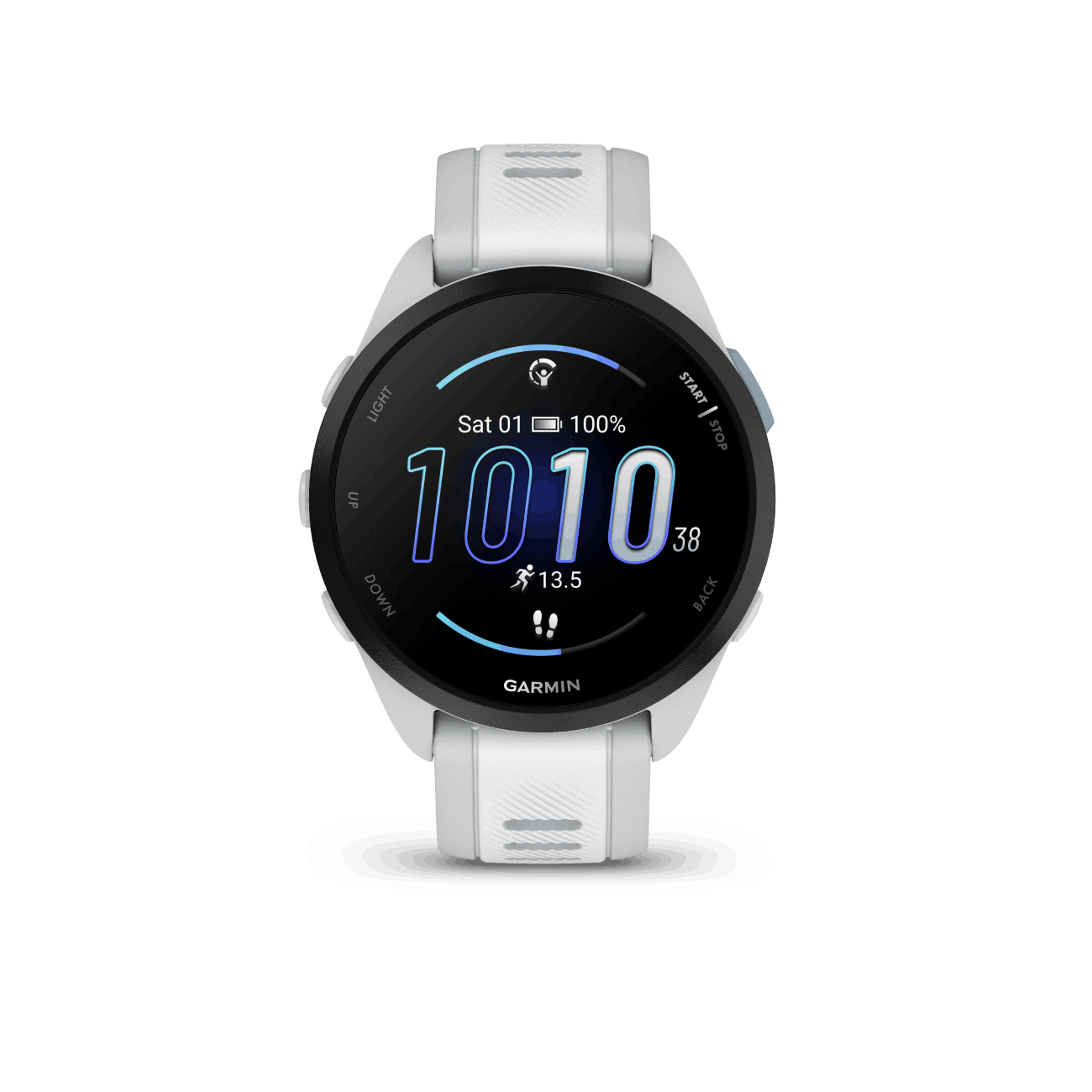 Reloj inteligente Garmin blanco y gris, pantalla negra mostrando datos.
