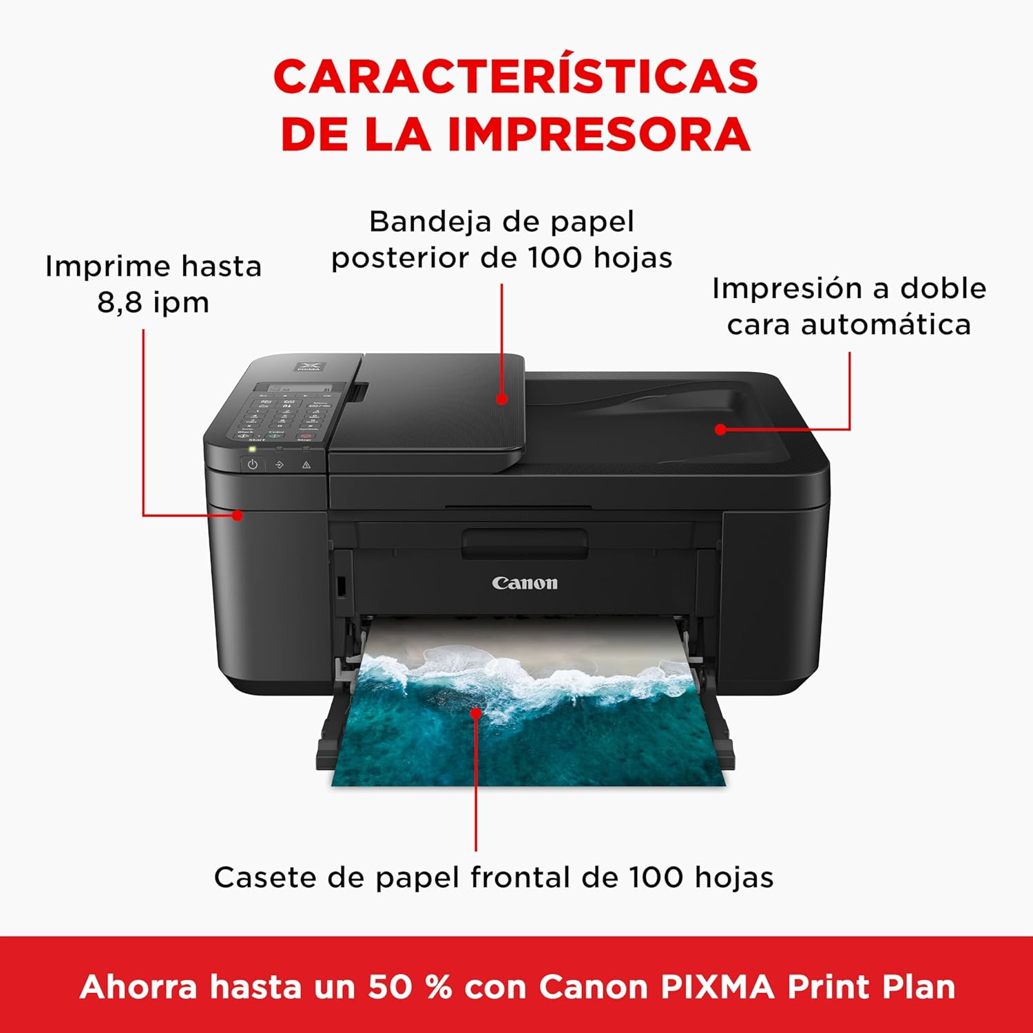 Impresora multifunción - Canon Pixma TR4750i, Inyección de tinta, 8.8 ppm, Escanea y Copia, WiFi, Pixma Print Plant, Negro