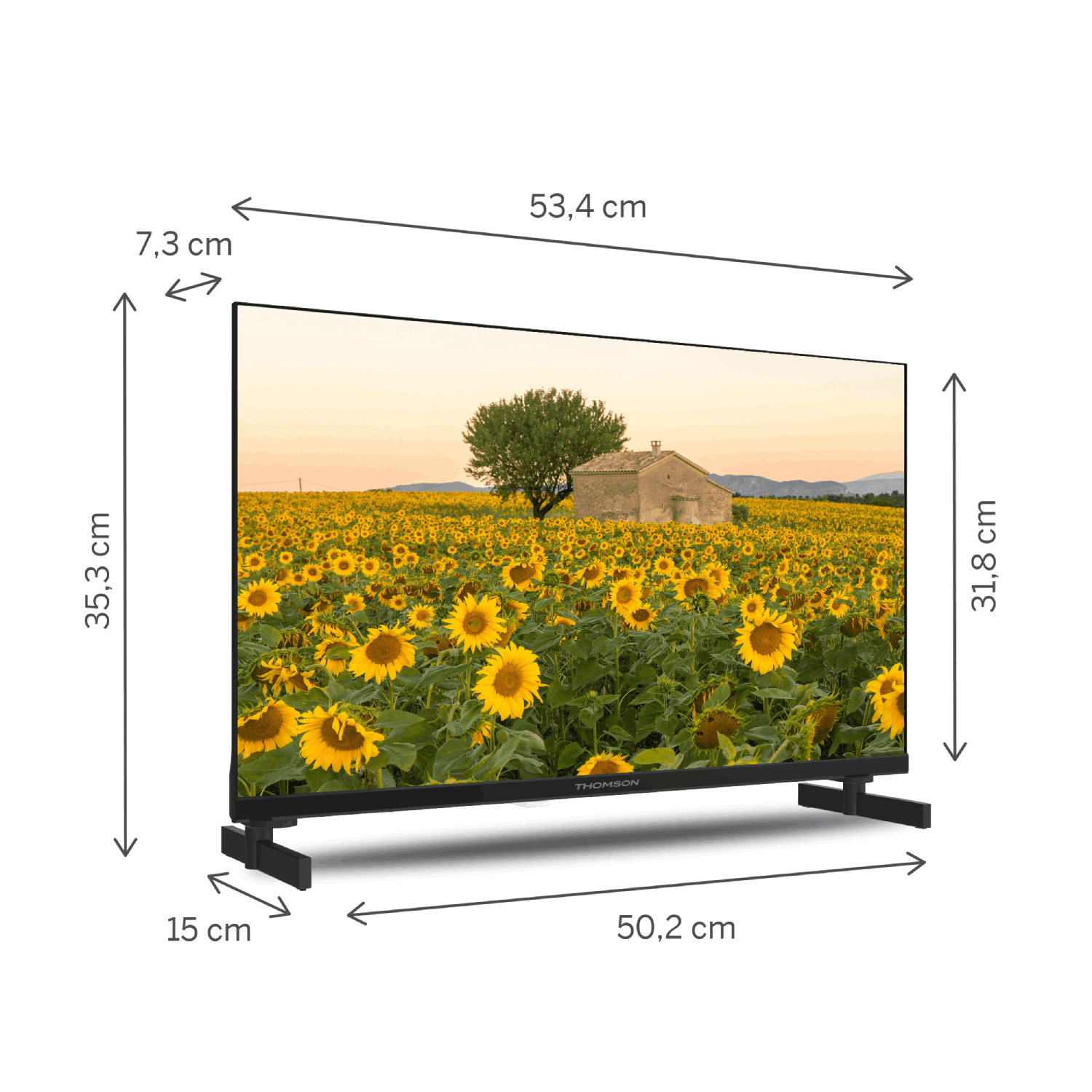 Televisor de pantalla ancha con una imagen escénica de campo de girasoles en la pantalla, dimensiones indicadas.