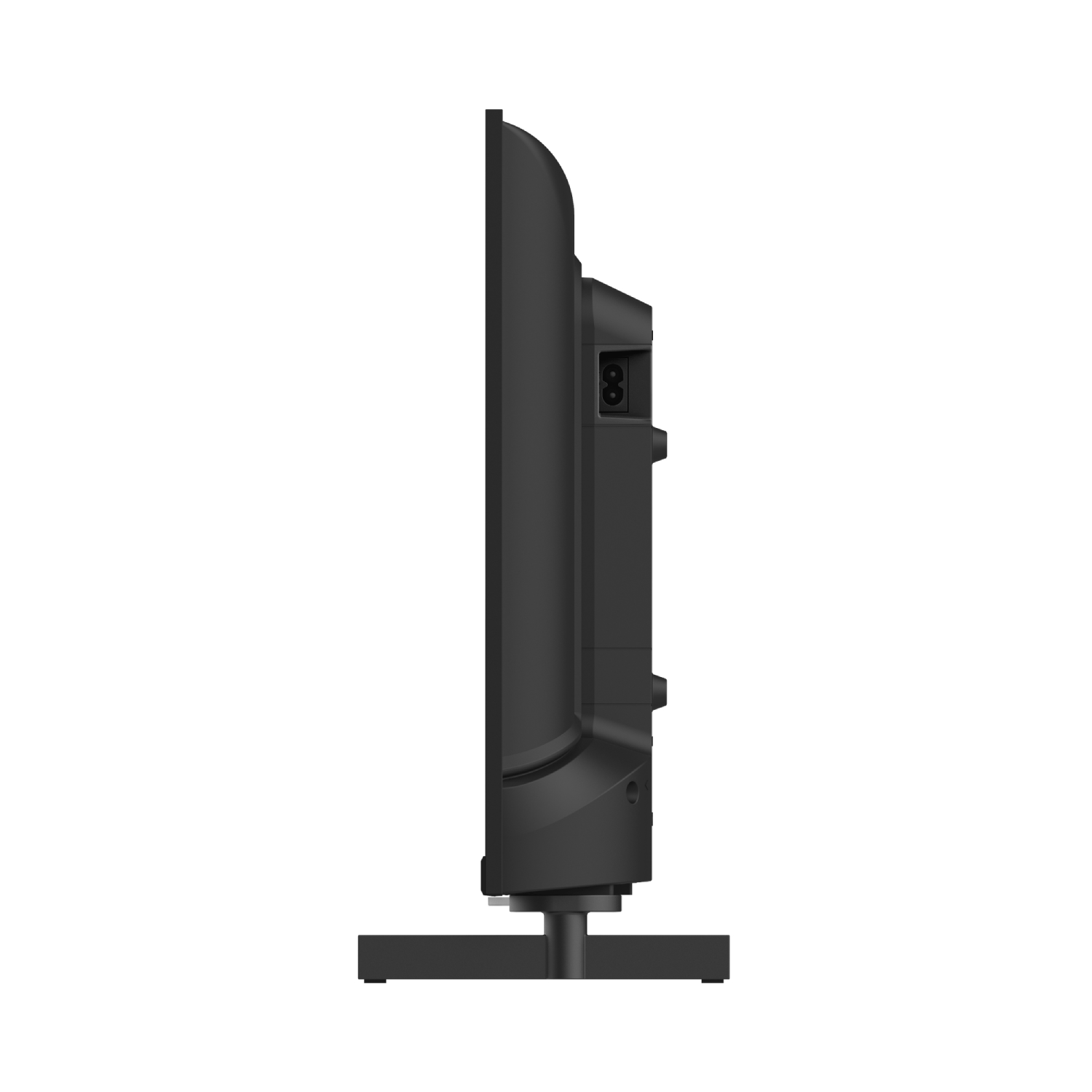 Televisor negro, vista lateral, sobre un soporte. La pantalla está apagada.